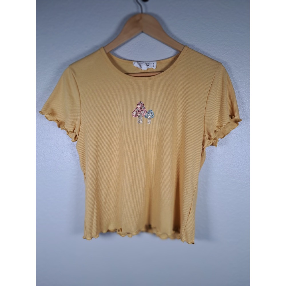 Hippie Rose Yellow Ribbed Rhinestone Mushroom Lettuce Trim Top XL